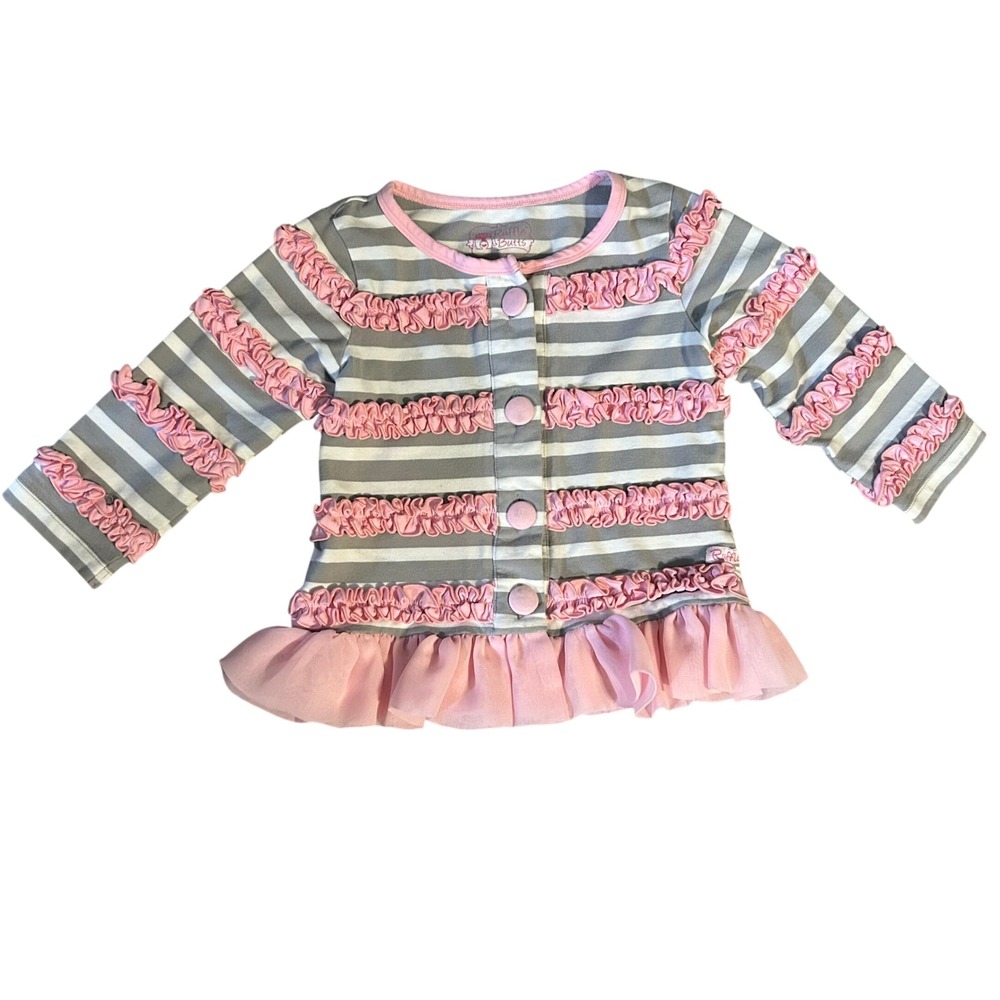 Ruffle Butts Gray White Stripe Pink‎ Ruffle Tulle Trim Long Sleeve Cardigan 4T